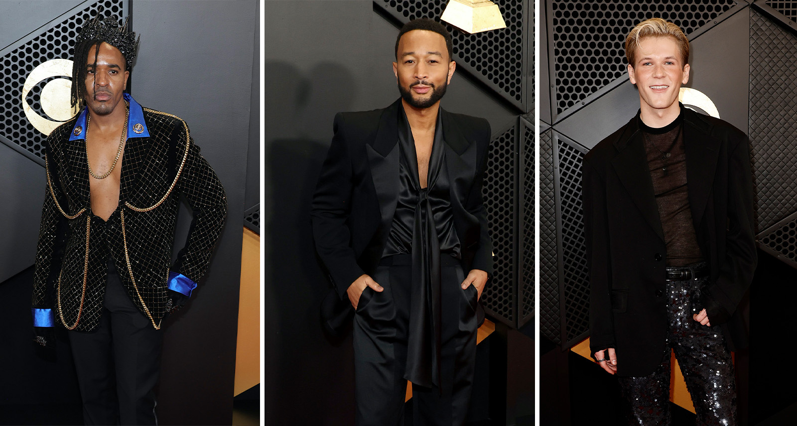 2024 Grammys Best Dressed Men collage of Matt B, John Legend, and Davis Burleson