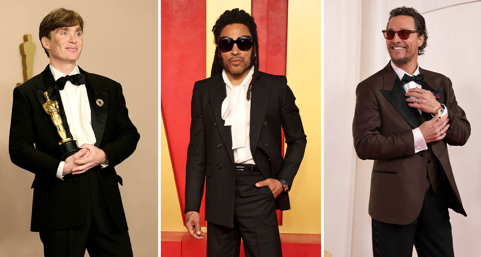 Collage of best dressed men at the 2024 oscars, with cillian murphy on the left, lenny kravitz in the centre, and matthew mcconaughey on the right