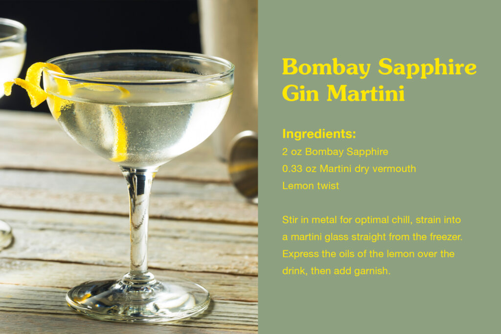 Bombay Sapphire Gin Martini Recipe 2 oz Bombay Sapphire 0.33 oz Martini dry vermouth Lemon twist Stir in metal for optimal chill, strain into a martini glass straight from the freezer. Express the oils of the lemon over the drink, then add garnish.