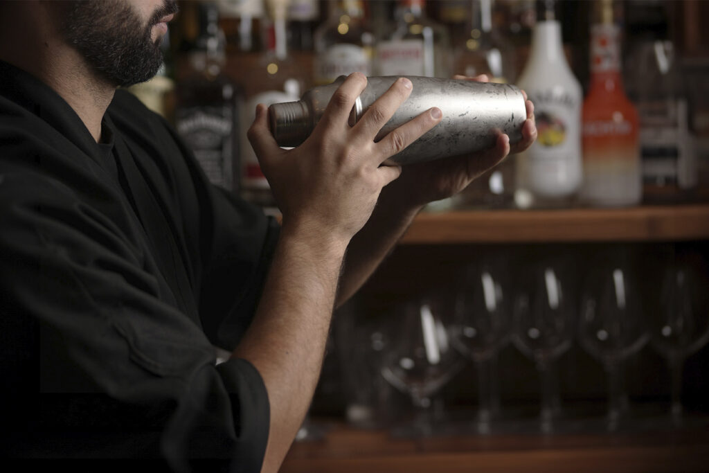bartender shaking a cocktail: gin vs vodka martini