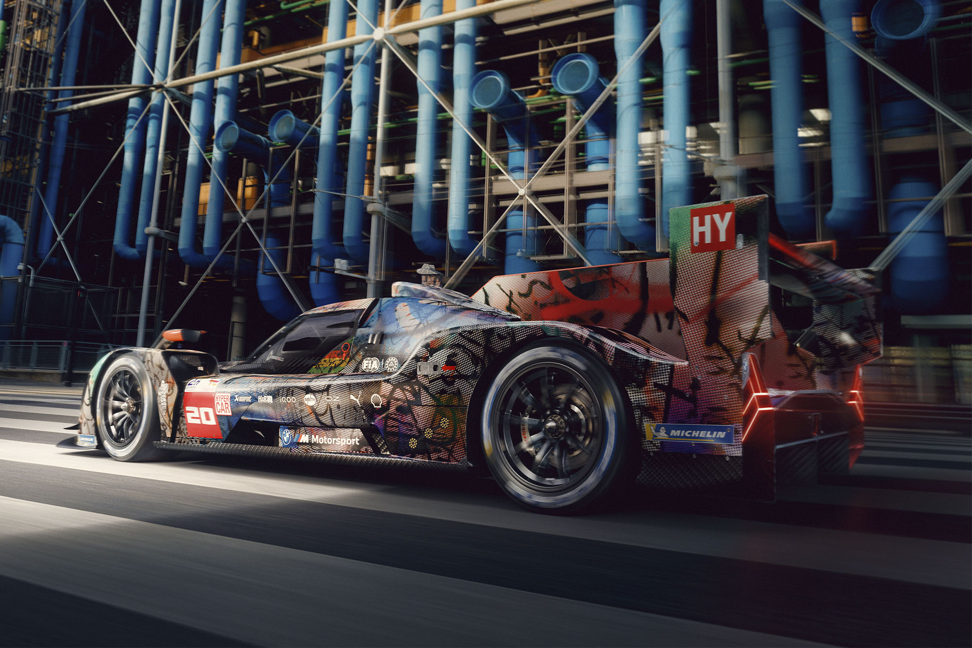 BMW M Hybrid V8 racecar designed by renowned Ethiopian American artist Julie Mehretu