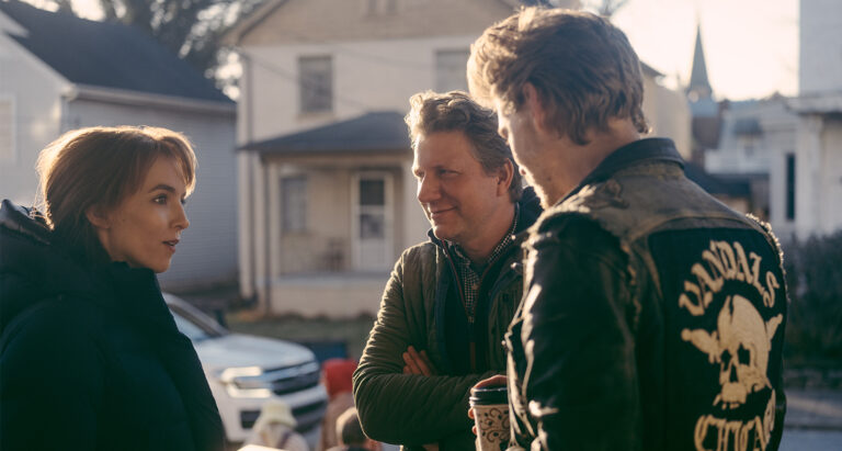 Jeff Nichols and Austin Butler on the set of Bikeriders