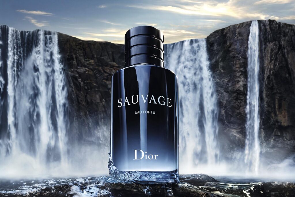 Dior Sauvage Eau Forte bottle shot in front of a waterfall