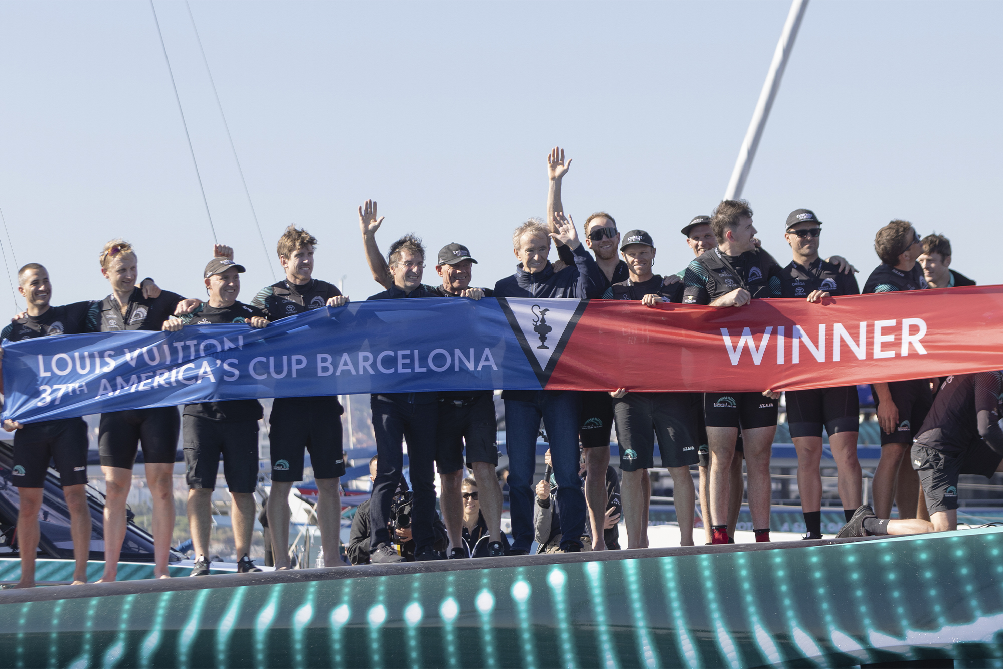 Emirates Team New Zealand accepts the Auld Mug presented by Louis Vuitton for the 37th America's Cup