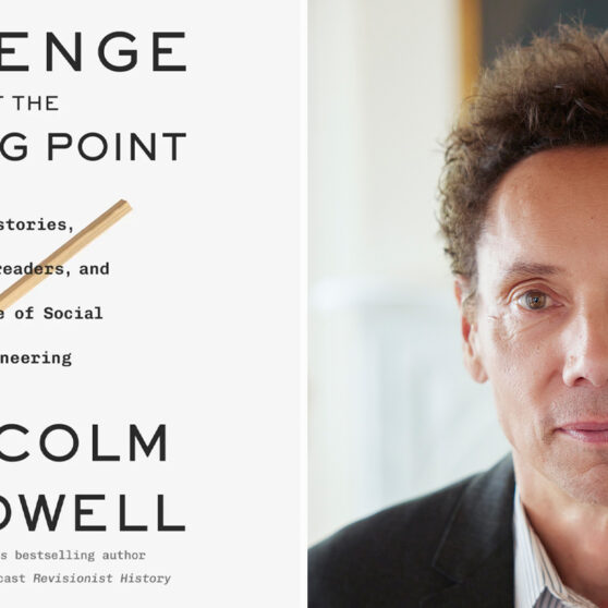 Malcolm Gladwell headshot (right) next to his new book, 'Revenge of the Tipping Point' (left)