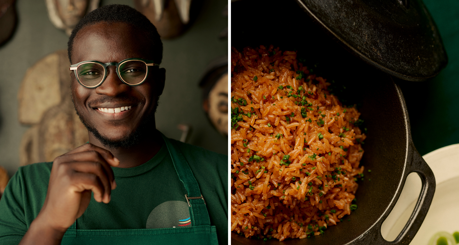 Chef Serigne Mbaye (left), pot of rice (right). Photos by Jeremy Tauriac.