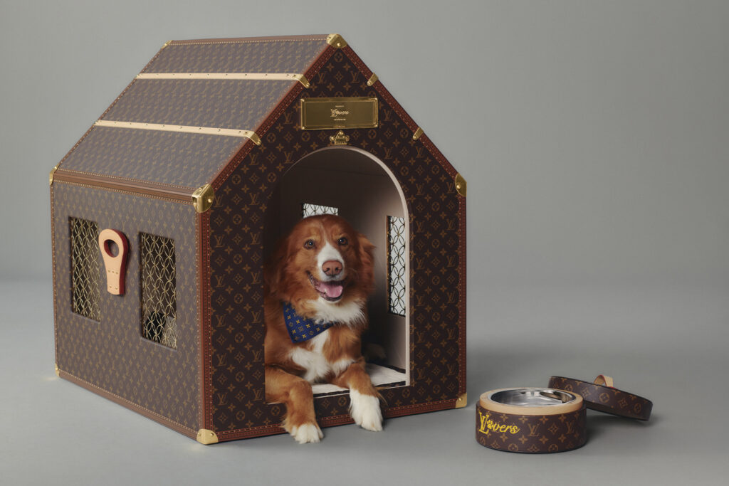 Louis Vuitton Pre-collection dog sits in a louis vuitton doghouse 