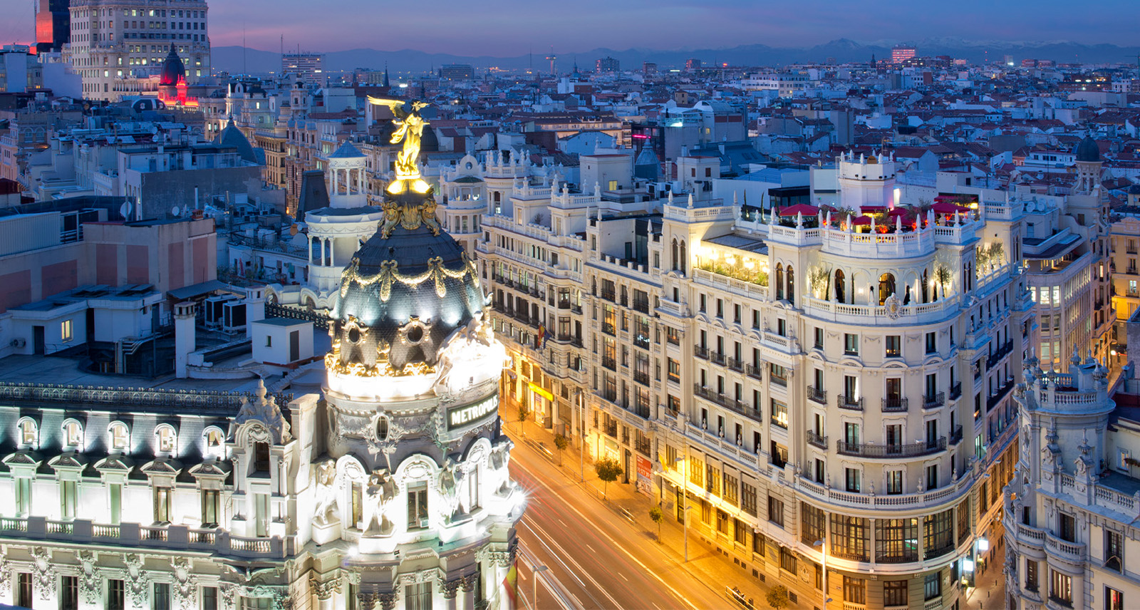 Aerial shot of Madrid at night to show the best hotels in Madrid, including a The Principal Madrid