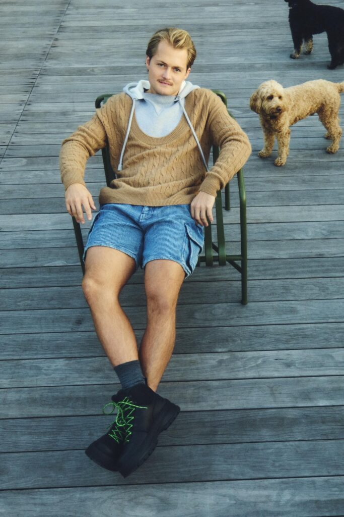 SWEATER ($2,950) AND SHORTS ($1,200) BY LOEWE; SHOES ($395) BY ECCO; EARRINGS, TALENT’S OWN.