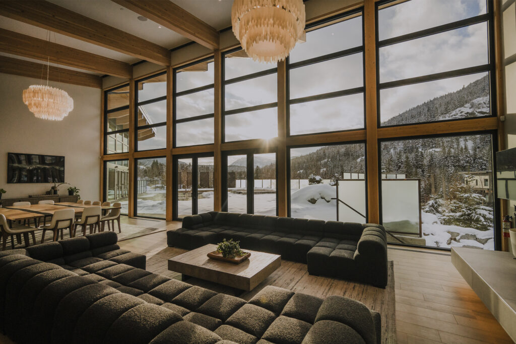 Wedge Mountain Lodge, Whistler, British Columbia resort. Interior of 'Great room' looking south.