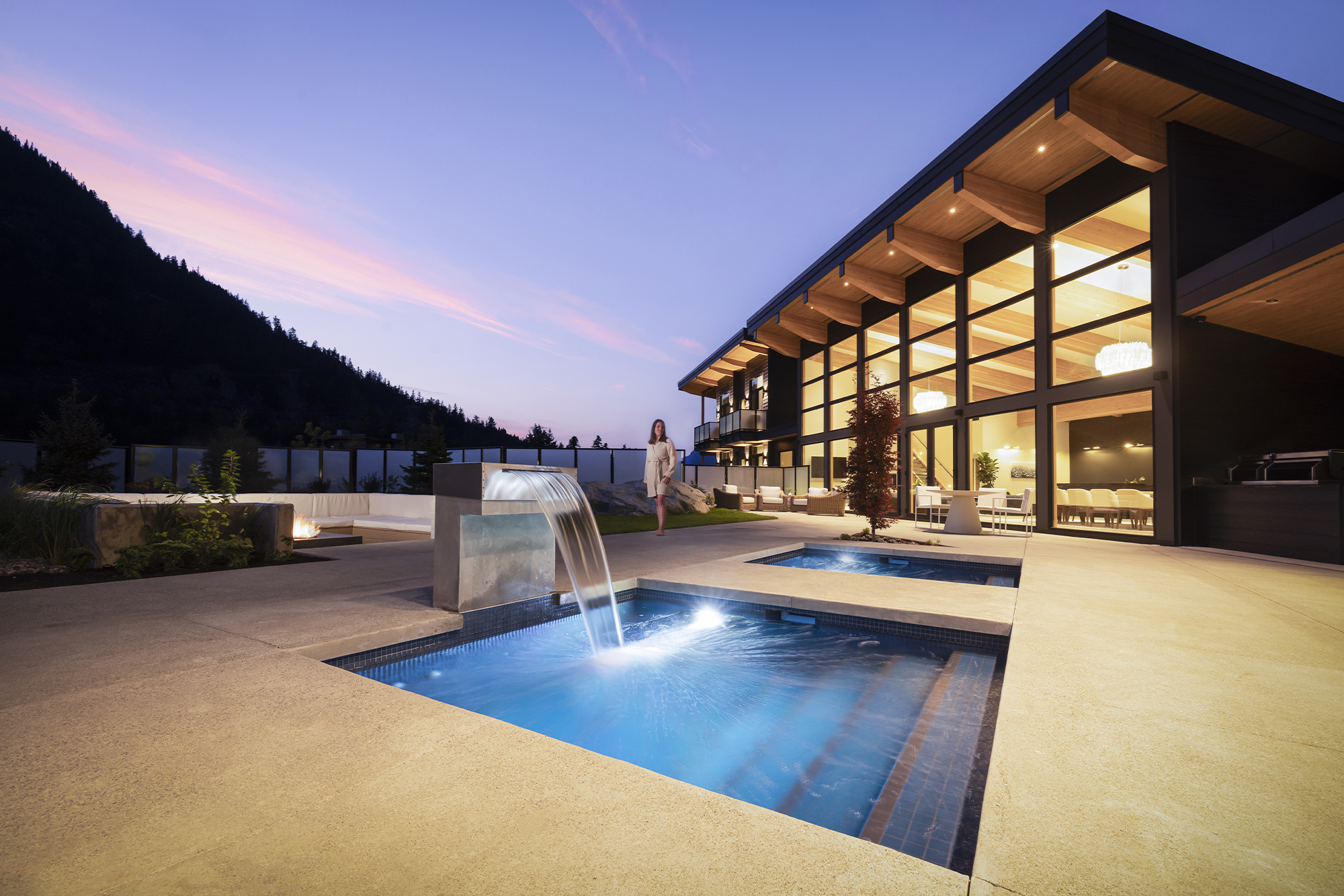 Wedge Mountain Lodge, Whistler, British Columbia resort. Exterior at sunset.
