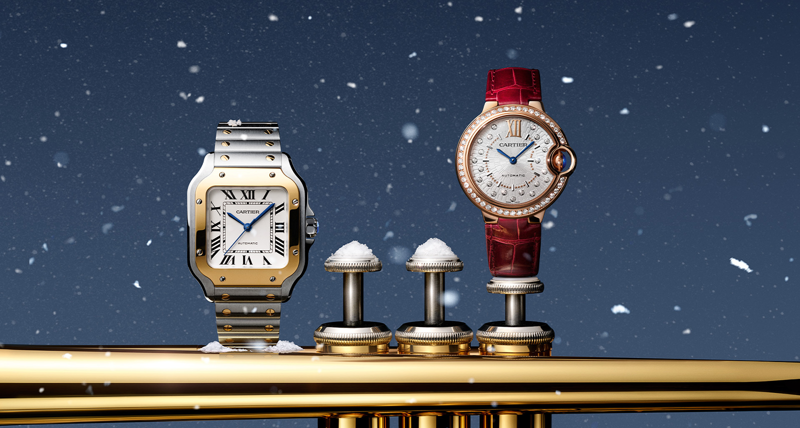 Cartier Gift Guide - gold rod with two watches on starry background