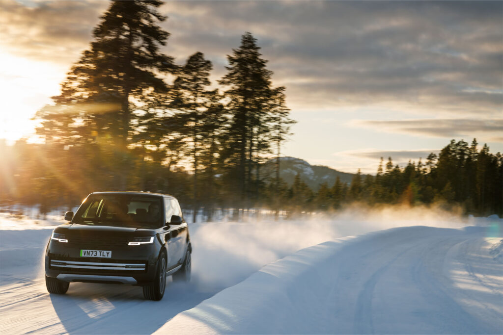 2025 Range Rover parked outside in the snow of Siwash Lake Wilderness Resort, British Columbia