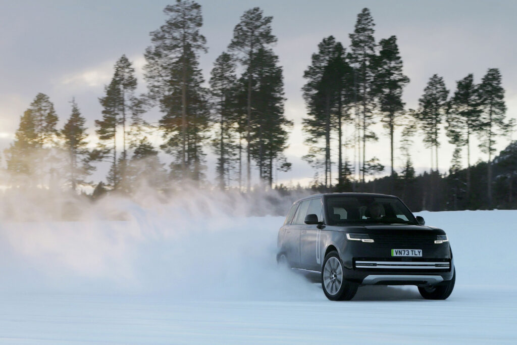 2025 Range Rover parked outside in the snow of Siwash Lake Wilderness Resort, British Columbia