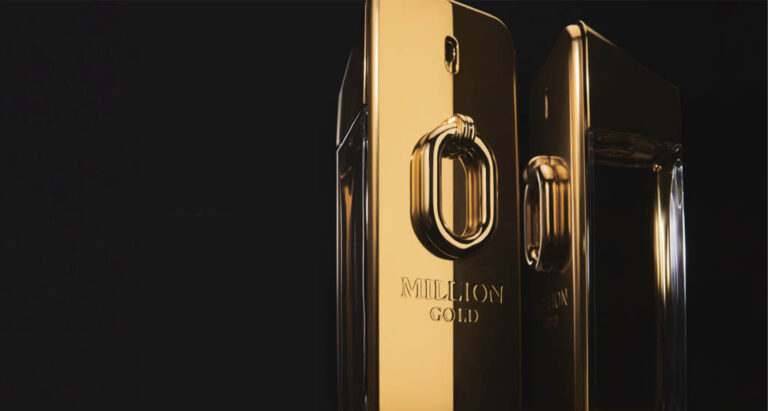 Rabanne Million Gold Cologne for Men; close up of bottle on black background