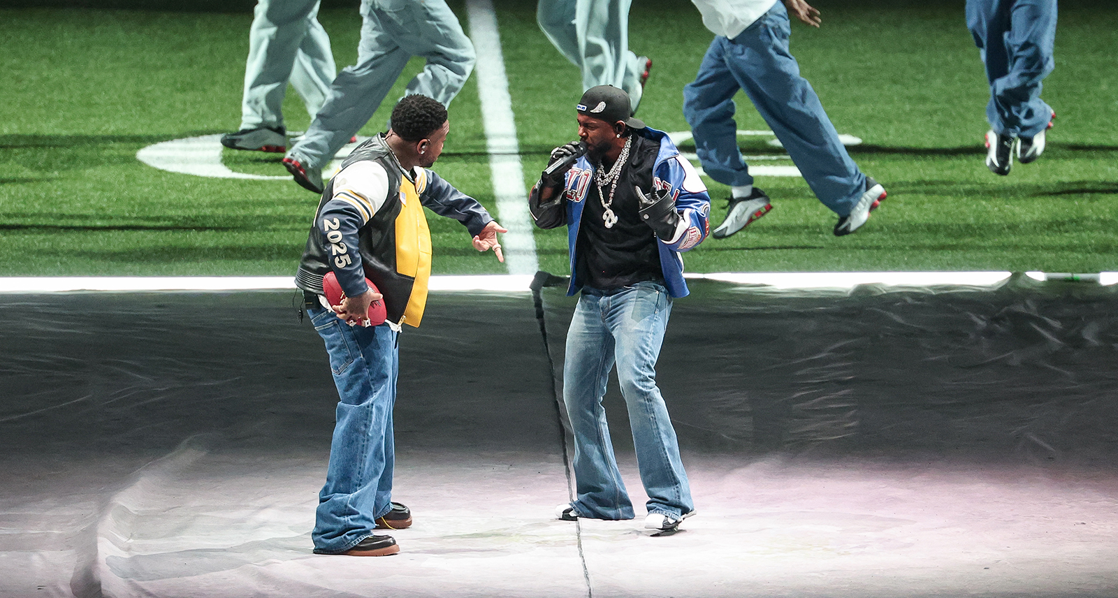 Mustard, Kendrick Lamar perform at Super Bowl LIX at Caesars Superdome on February 09, 2025 in New Orleans, Louisiana. (Photo by Christopher Polk/Penske Media via Getty Images)