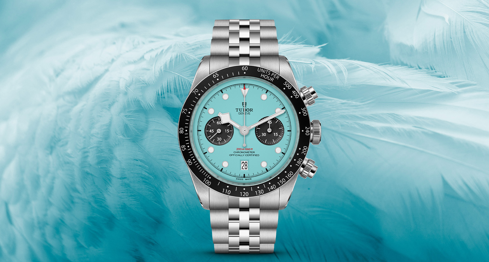 TUDOR Black Bay Chronograph Flamingo Blue black on an icy blue background