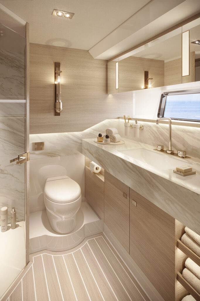 Bathroom aboard the Oyster 805 courtesy of Oyster Yachts via Shamin Abas Communications
