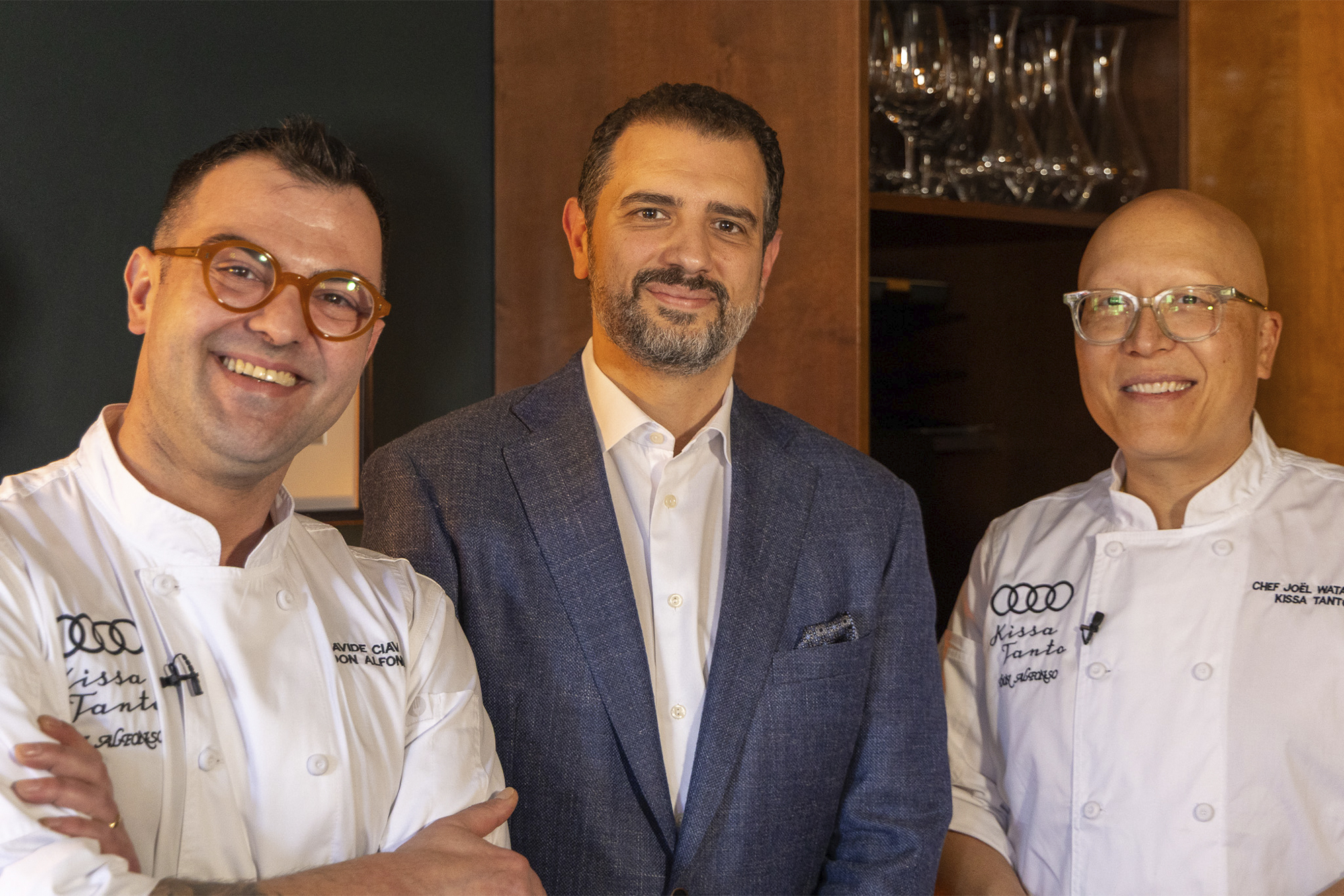 Chef Davide Ciavattella - 1 Michelin Star - Vito Paladino and Chef Joël Watanabe - 1 Michelin Star at the Audi Sustainability Dinner at Kissa Tanto on April 29 2025 in Vancouver