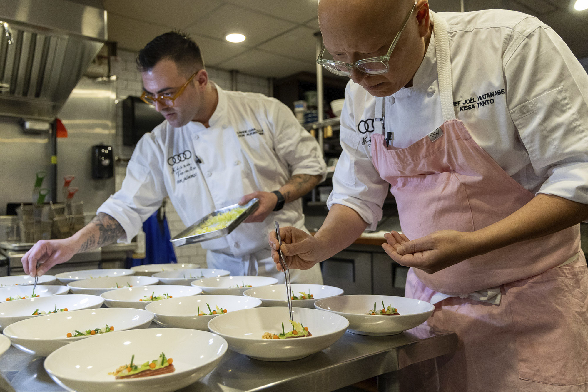 Chef Davide Ciavattella 1 Michelin Star and Chef Joël Watanabe 1 Michelin Star at the Audi Sustainability Dinner at Kissa Tanto on April 29 2025 in Vancouver