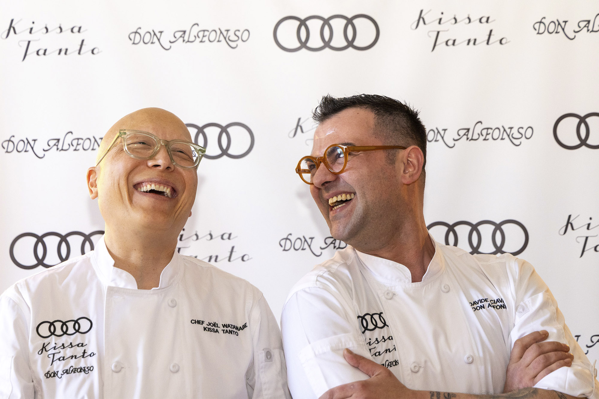Chef Joël Watanabe 1 Michelin Star and Chef Davide Ciavattella 1 Michelin Star at the Audi Sustainability Dinner at Kissa Tanto on April 29 2025 in Vancouver