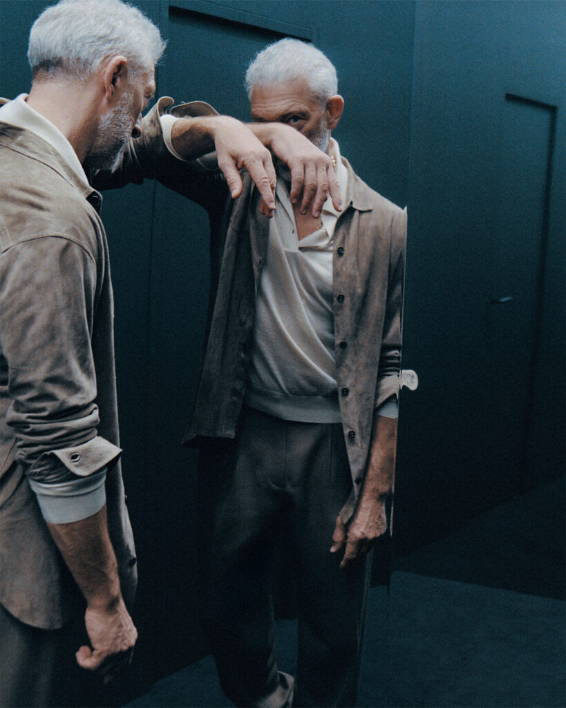 OVERSHIRT BY META CAMPANIA COLLECTIVE SWEATER BY CANALI PANTS BY DIOR MEN SHOES BY CHURCH’S NECKLACE BY CARTIER 5-2025 Vincent Cassel