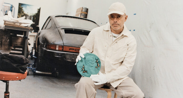 Daniel Arsham with the Tiffany & Arsham Studio Eroded Penny Vessel Photo Credit: Courtesy of Tiffany & Co.