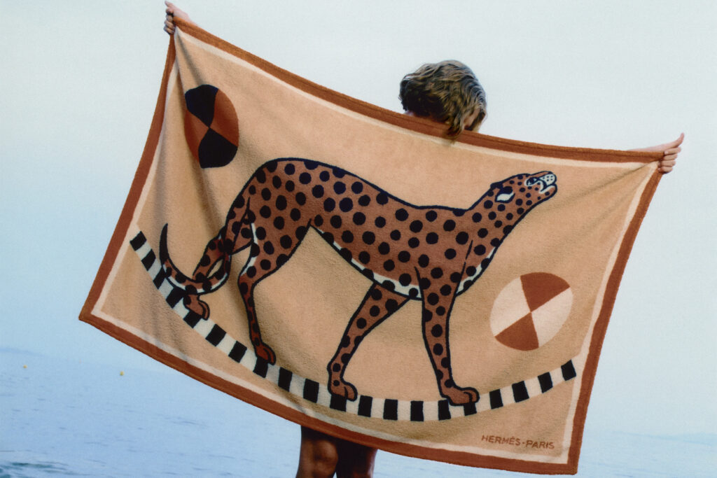 Le Guépard en équilibre beach towel in cotton terry cloth ($820)