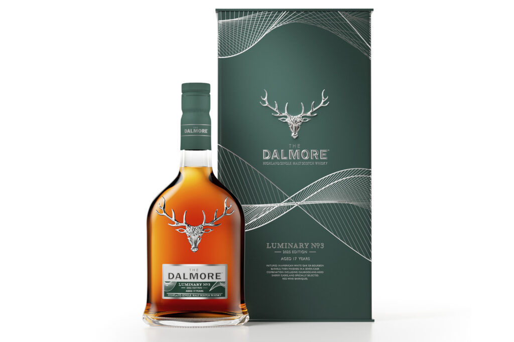 Architect Ben Dobbin designs The Dalmore Luminary No. 3 — 2025 Edition. Photo shows bottle of single malt whiskey on white background