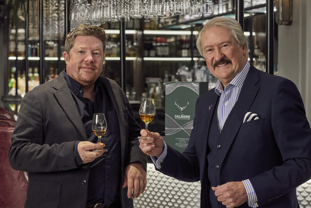 Architect Ben Dobbin designs The Dalmore Luminary No. 3 — 2025 Edition. Two men pose with whiskey drams in their hands