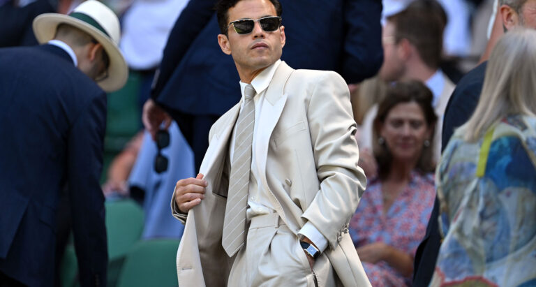 Actor Rami Malek arrives in the royal box ahead of the Gentlemen's semi-final match between Taylor Fritz of United States and Carlos Alcaraz of Spain on day twelve of The Championships Wimbledon 2025 at All England Lawn Tennis and Croquet Club on July 11, 2025 in London, England. (Photo by Visionhaus via Getty Images)