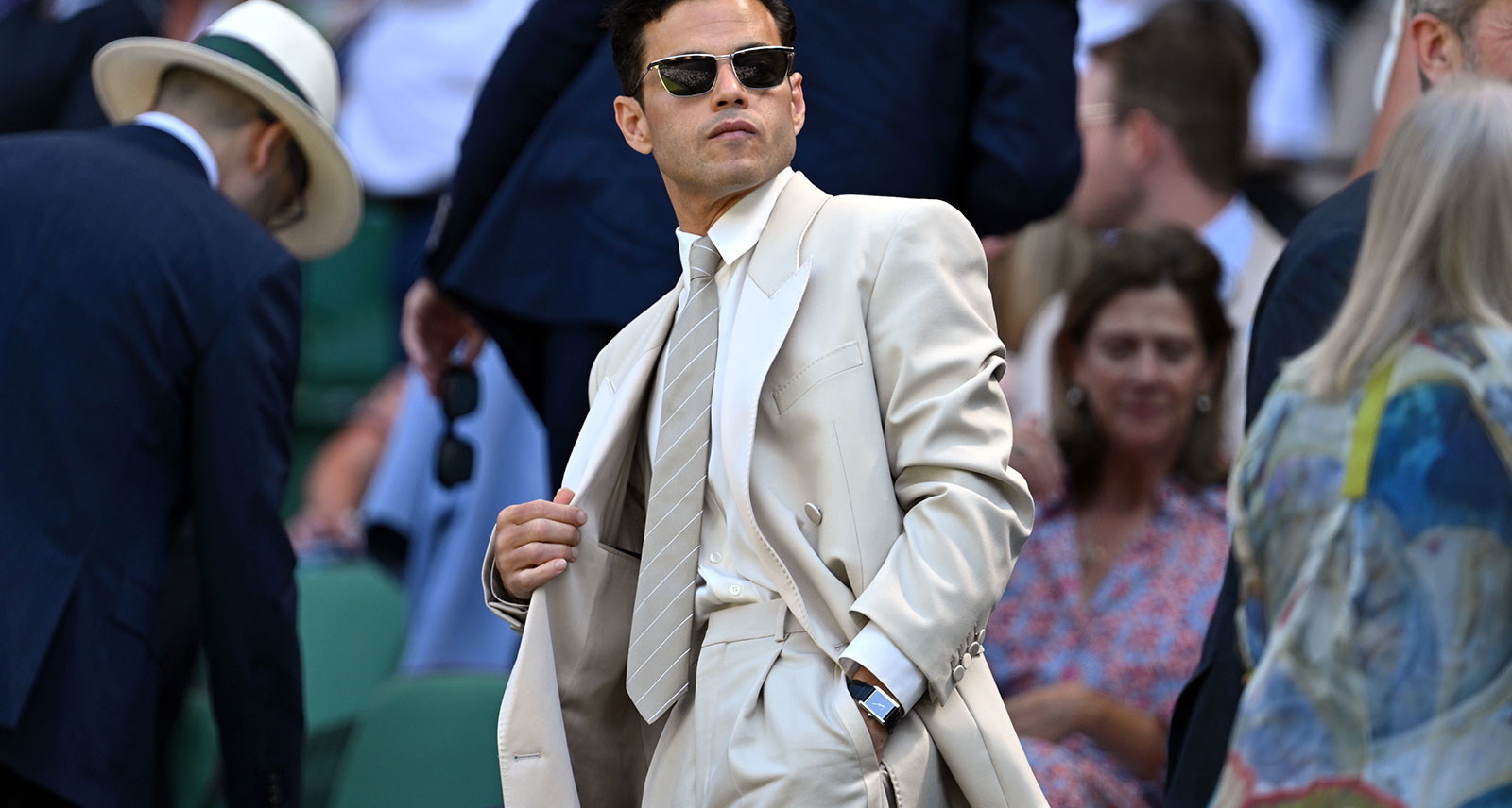 Actor Rami Malek arrives in the royal box ahead of the Gentlemen's semi-final match between Taylor Fritz of United States and Carlos Alcaraz of Spain on day twelve of The Championships Wimbledon 2025 at All England Lawn Tennis and Croquet Club on July 11, 2025 in London, England. (Photo by Visionhaus via Getty Images)
