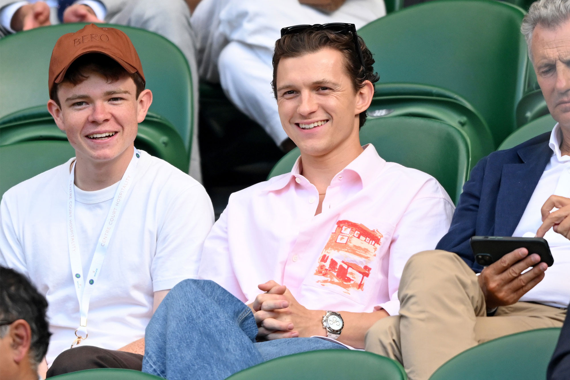 Tom Holland court-side on day nine of the Wimbledon Tennis Championships at the All England Lawn Tennis and Croquet Club on July 08, 2025 in London, England. (Photo by Karwai Tang/WireImage)
