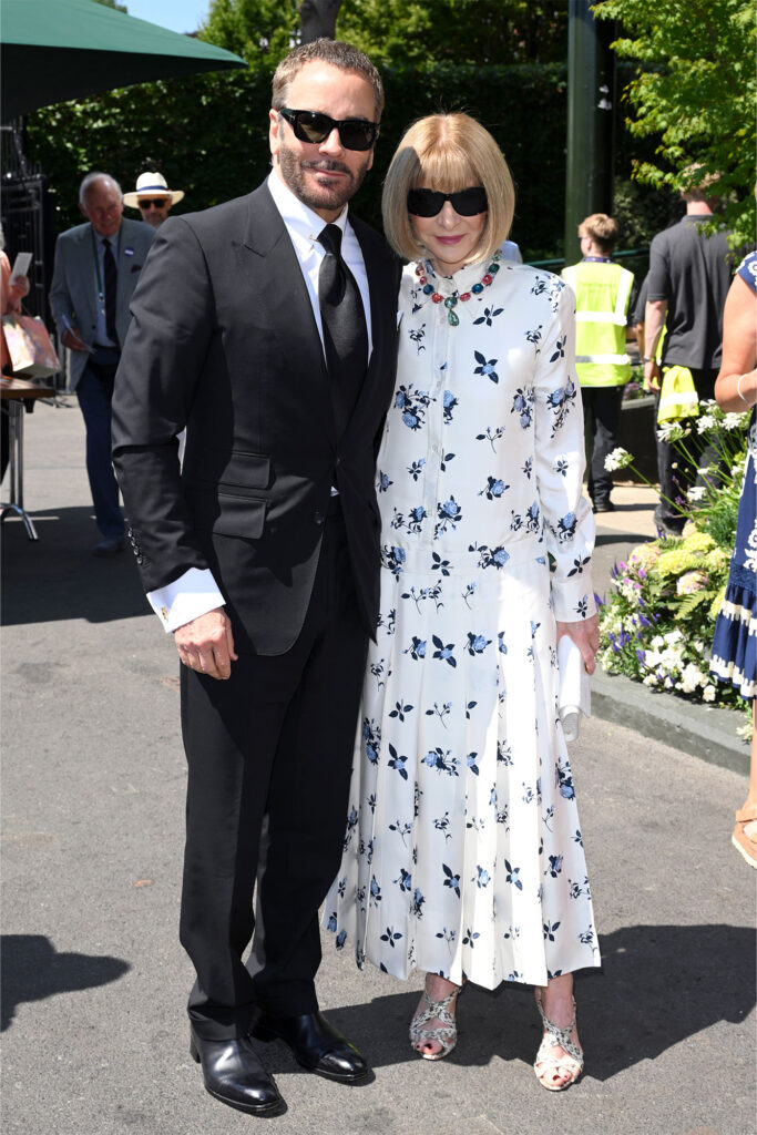 Tom Ford and Anna Wintour attend day twelve of the Wimbledon Tennis Championships at the All England Lawn Tennis and Croquet Club at All England Lawn Tennis and Croquet Club on July 11, 2025 in London, England. (Photo by Karwai Tang/WireImage)