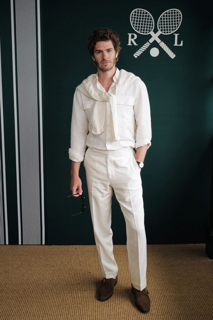 Andrew Garfield, wearing Ralph Lauren, attends the Ralph Lauren suite during The Championships, Wimbledon at All England Lawn Tennis and Croquet Club on July 06, 2025 in London, England. (Photo by Darren Gerrish/WireImage Getty Images for Ralph Lauren)