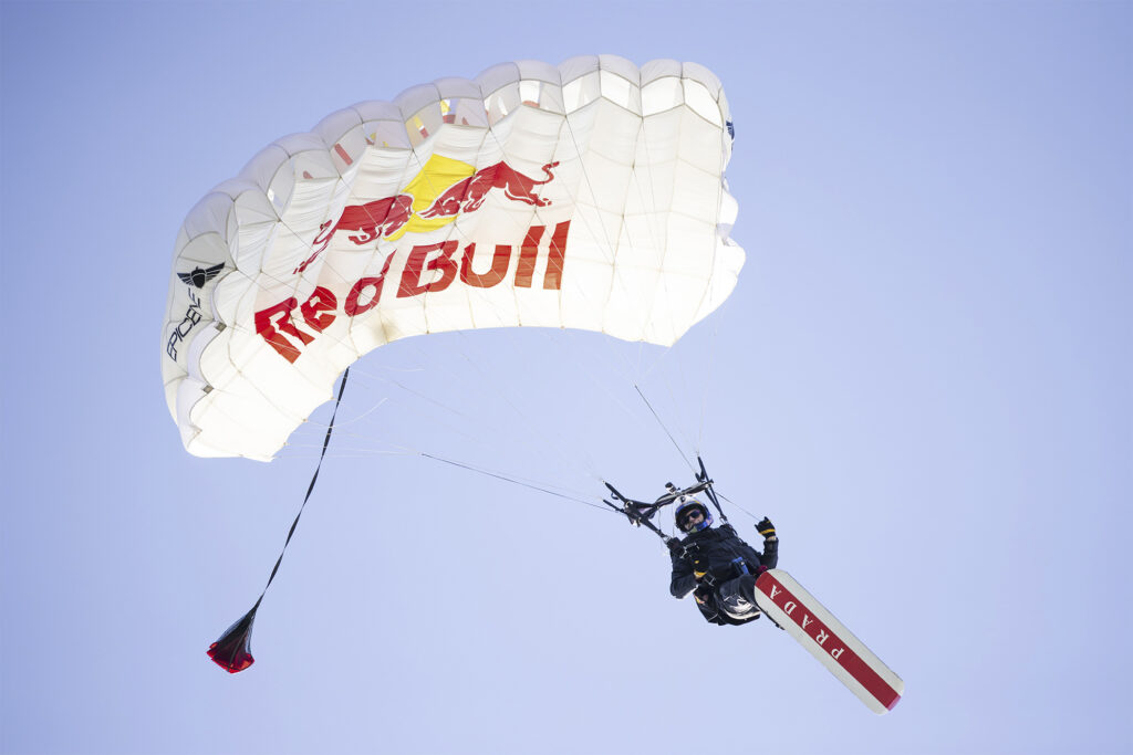 Sean MacCormac skysurfing the San Francisco Bay Bridge for Prada Linea Rossa,