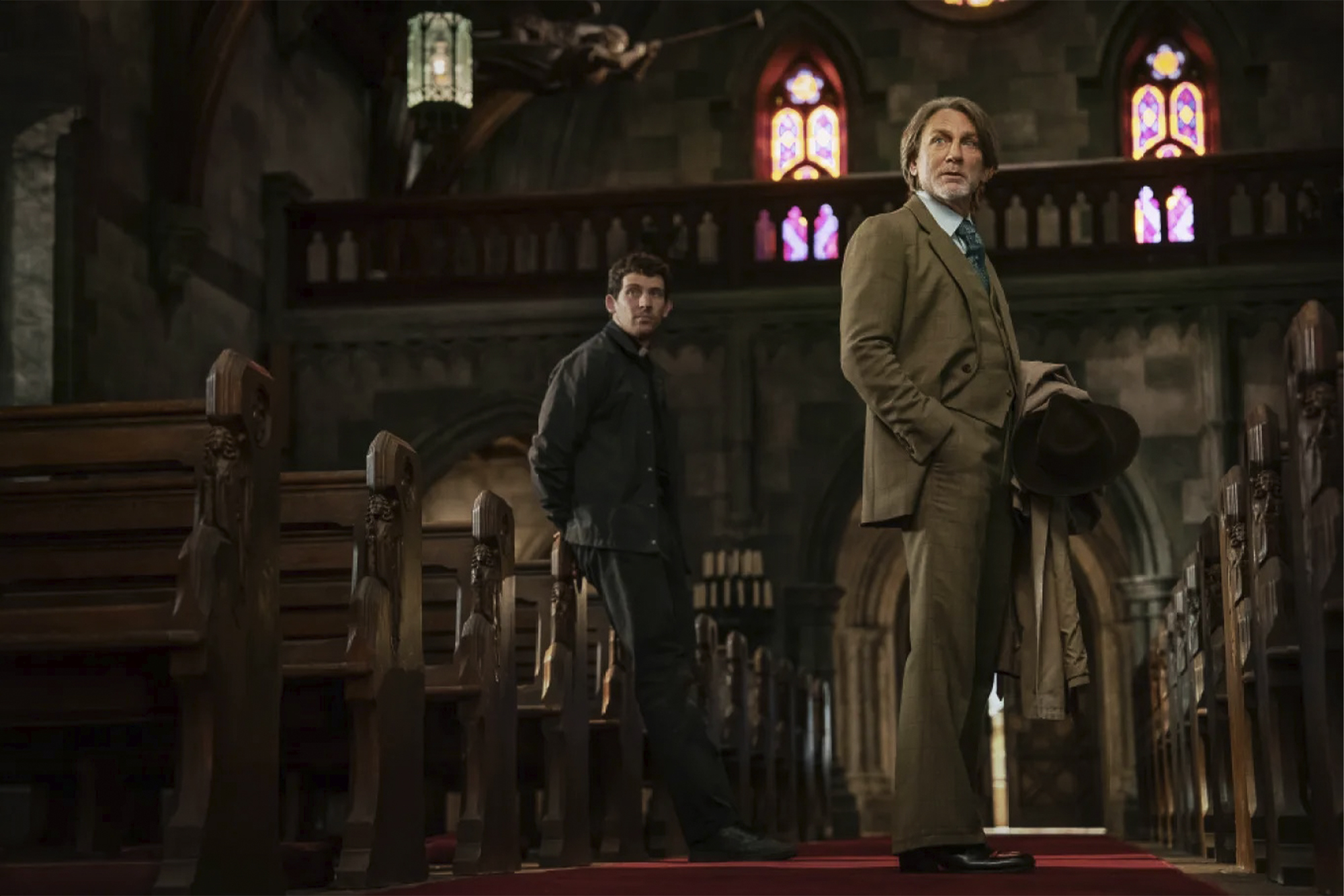 Still from Wake Up Dead Man: A Knives Out Mystery directed by Rian Johnson, starring Daniel Craig.