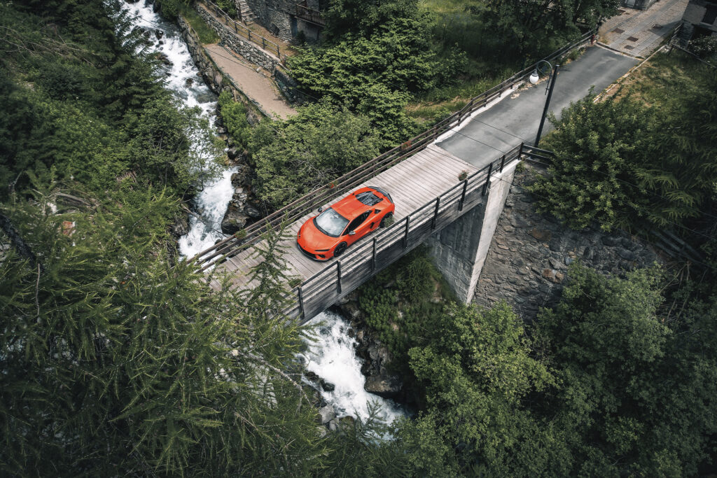 Lamborghini Temerario, Arancio Xanto, in Val d'Aosta. Photo courtesy of Lamborghini. 