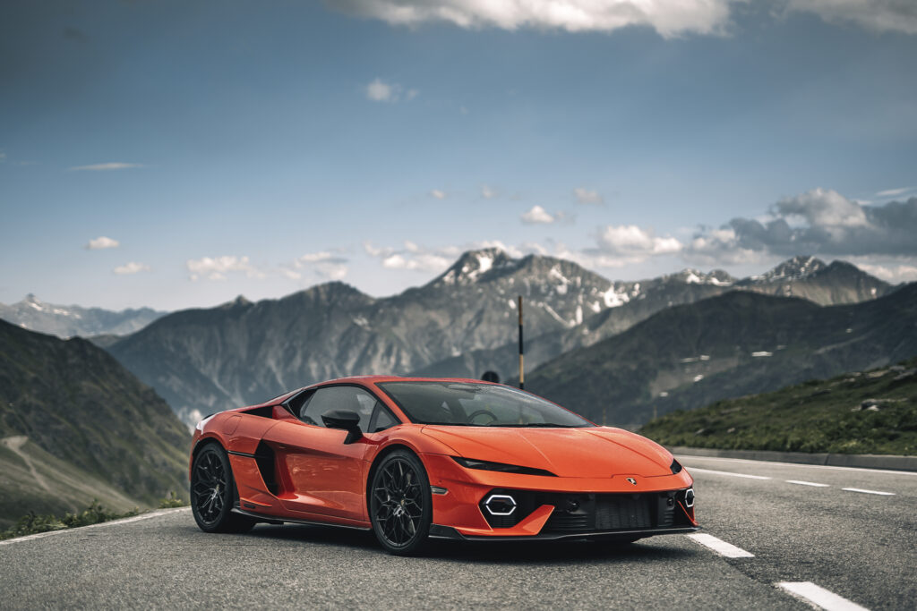 Lamborghini Temerario, Arancio Xanto, in Val d'Aosta. Photos courtesy of Lamborghini.