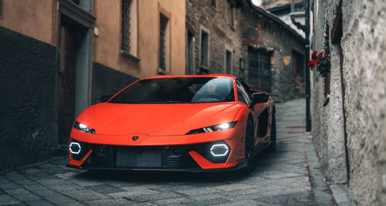 Lamborghini Temerario, Arancio Xanto, in Val d'Aosta. Photo courtesy of Lamborghini.