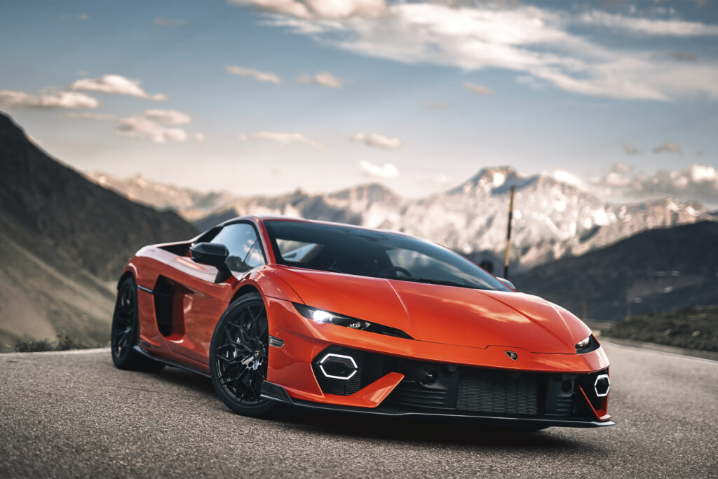 Lamborghini Temerario, Arancio Xanto, in Val d'Aosta. Photo courtesy of Lamborghini. 