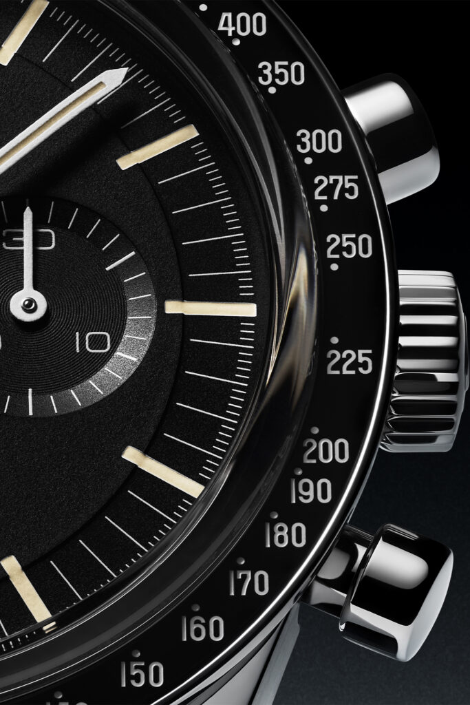 close-up of an OMEGA Speedmaster men's watch. Photo courtesy of OMEGA.
