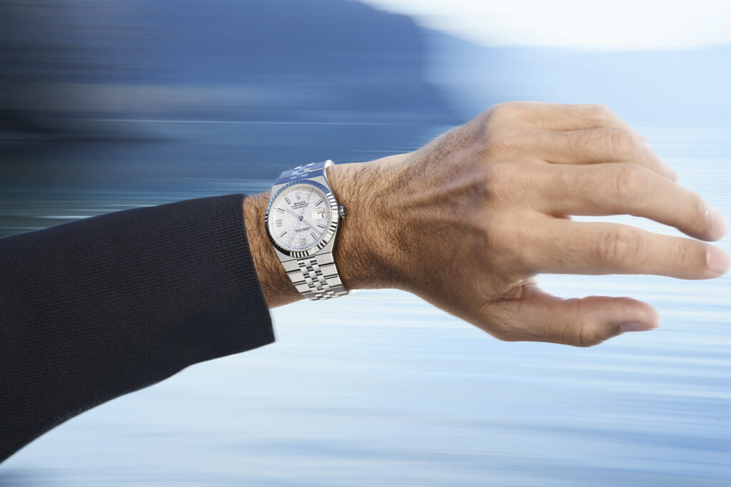 Roger Federer wears new men's watch, the Rolex Oyster Perpetual Land‑Dweller. Photo courtesy of Rolex.