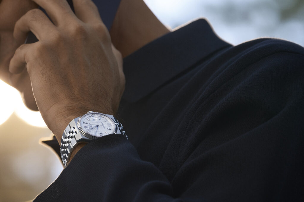 Roger Federer wears new men's watch, the Rolex Oyster Perpetual Land‑Dweller. Photo courtesy of Rolex.