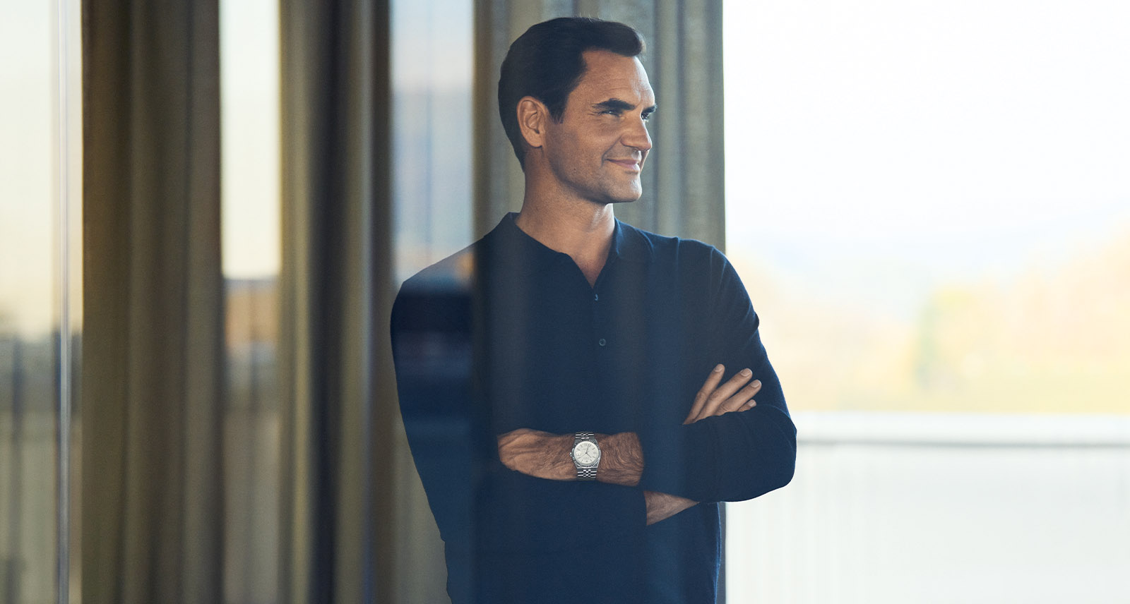 Roger Federer wears new men's watch, the Rolex Oyster Perpetual Land‑Dweller. Photo courtesy of Rolex.