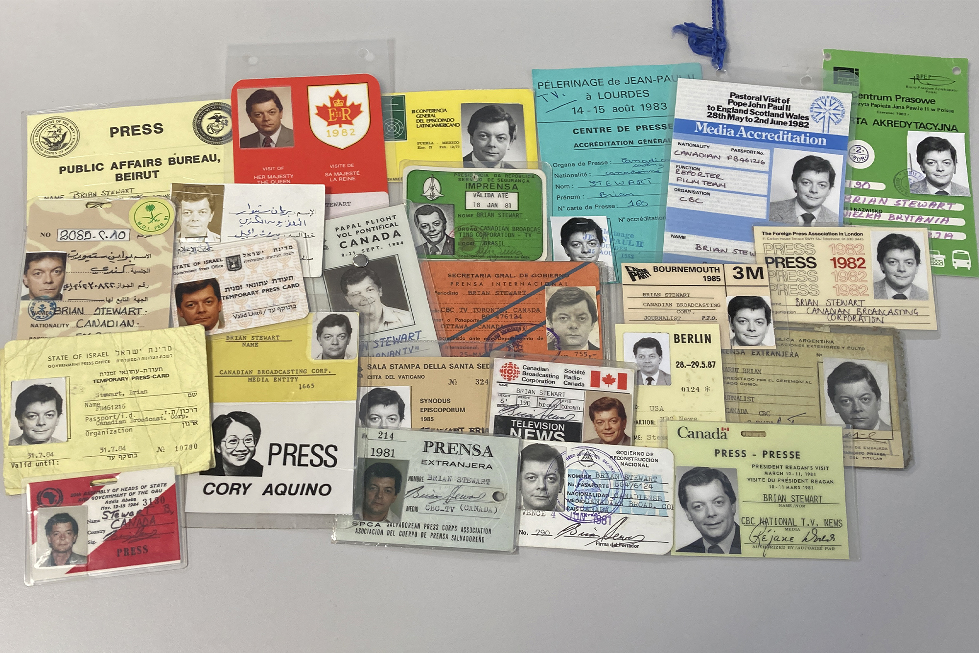 Photo courtesy of Brian Stewart, retrieved from SHARP September 2025. Brian Stewart new memoir, "On the Ground" shows a photo of his press cards.