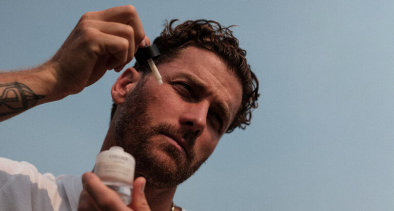 Fall Skincare for Men: MAN APPLIES COLLAGE cleansing serum.