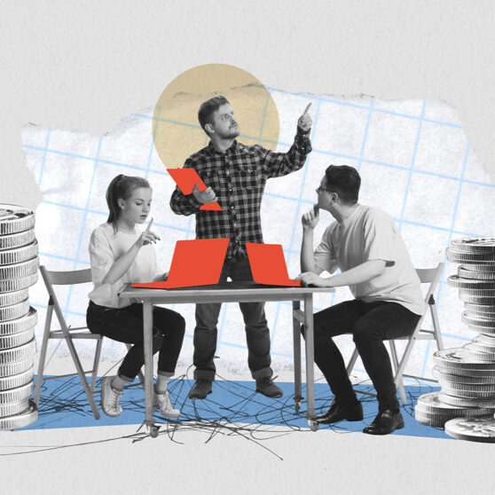 Graphic shows two people working at a desk with a financial planner standing. piles of coins are on either side. Photo sourced from Adobe Stock.