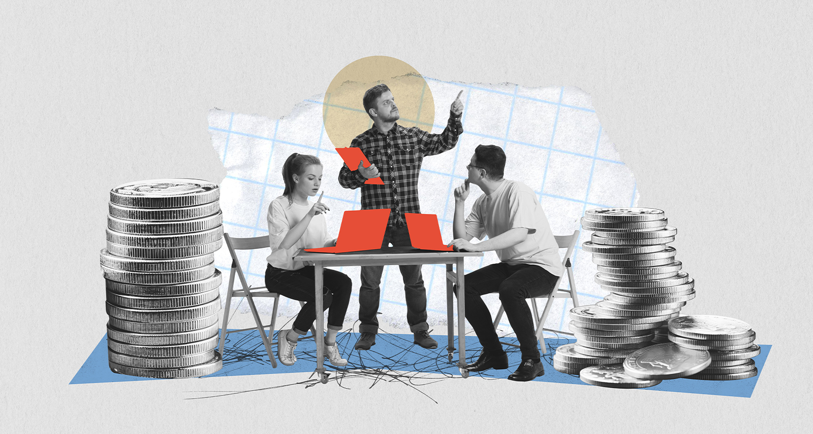 Graphic shows two people working at a desk with a financial planner standing. piles of coins are on either side. Photo sourced from Adobe Stock.