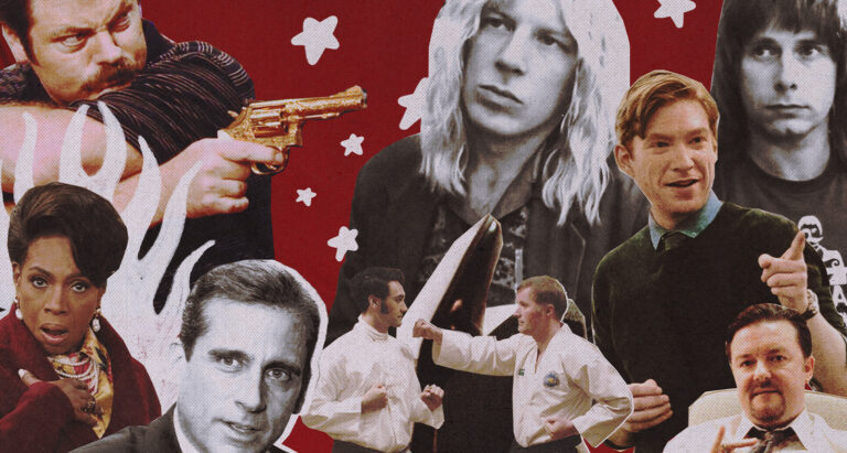 Illustration by Claudine Derken, featuring multiple graphics of characters from mockumentaries on a red background.